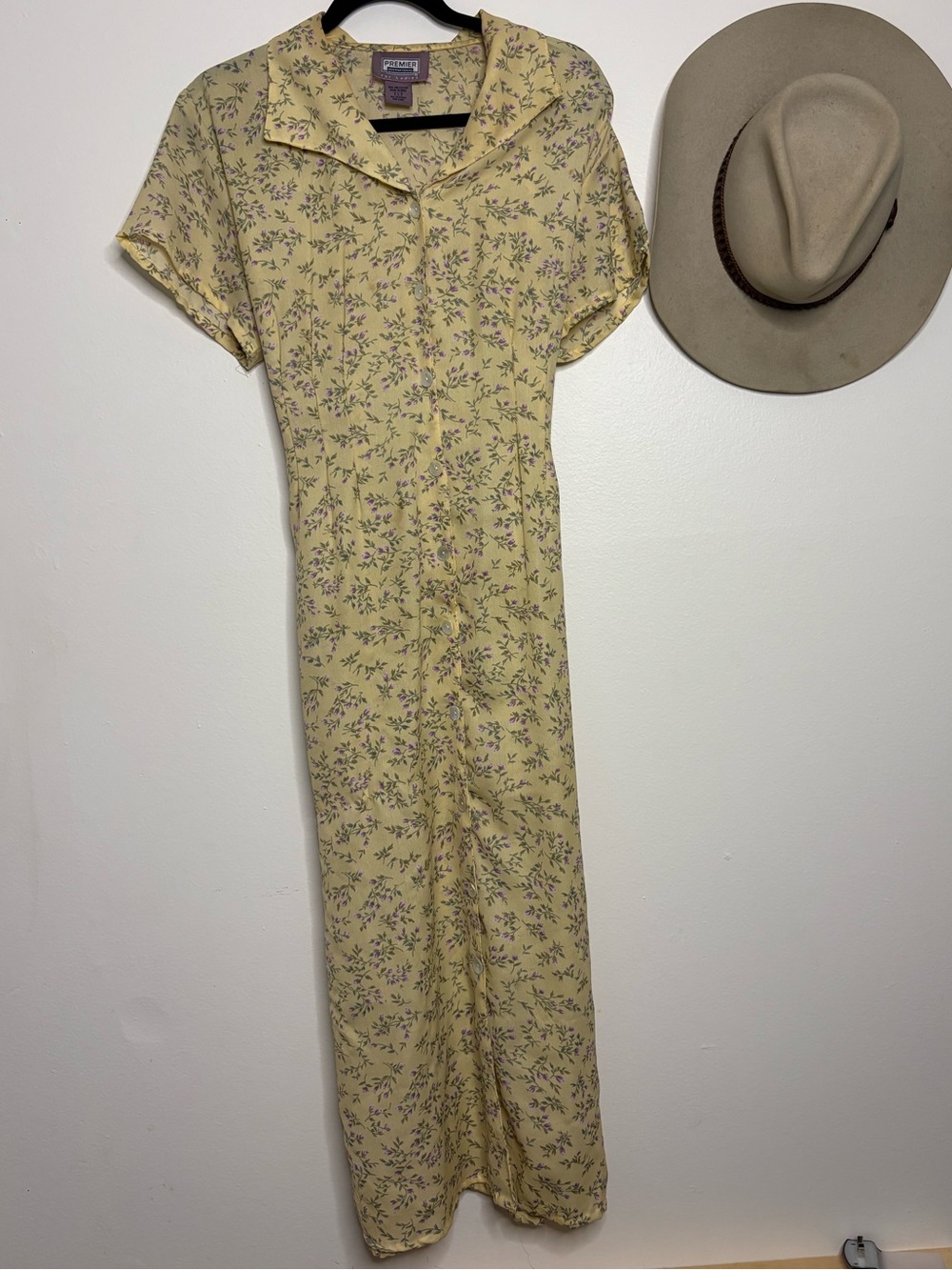 Vintage Yellow Floral Button-Front Midi Dress